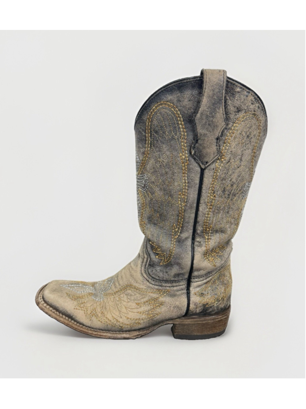 Corral Girl's Distressed Tan Black Cross and Wings Cowboy Boots Sz 3.5 Western